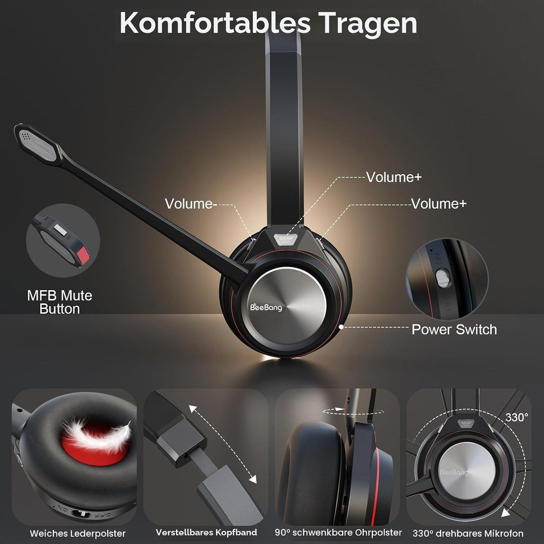 Bluetooth Headset mit Mikrofon Noise Canceling, Wireless Headset mit USB Dongle für PC, 40 Stunden S