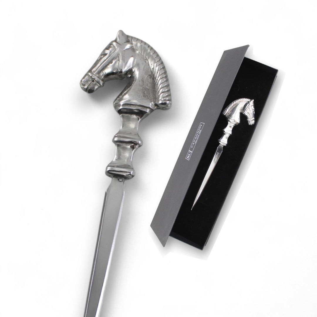 Cavagnini, Eleganter Brieföffner aus Edelstahl und Zinn, inklusive Geschenkbox (Pferd) Cavallo, Cava