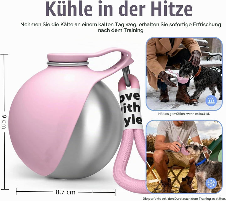 Trinkflasche Hunde für Unterwegs, Hundetrinkflasche für Unterwegs mit Silikonnapf, 285ML Edelstahl A
