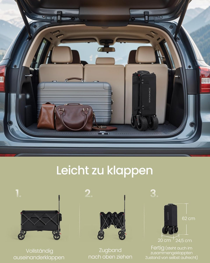 SONGMICS Handwagen faltbar, Bollerwagen, Gartenwagen, Campingwagen mit Griff, 4 abnehmbaren Rollen,