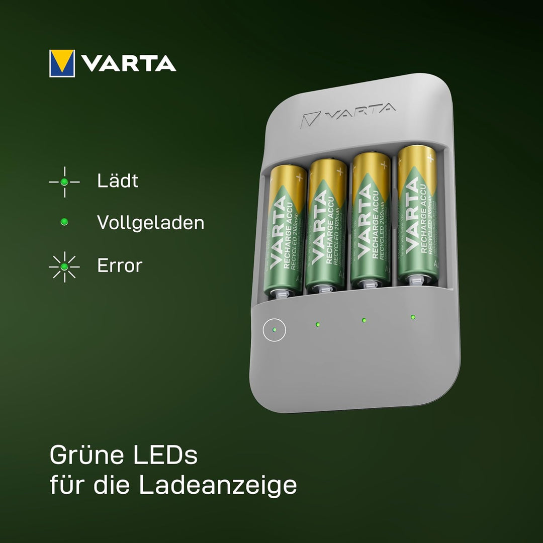 VARTA Akku Ladegerät, inkl. 4x AA 2100mAh, Batterieladegerät für wiederaufladbare AA/AAA Batterien,
