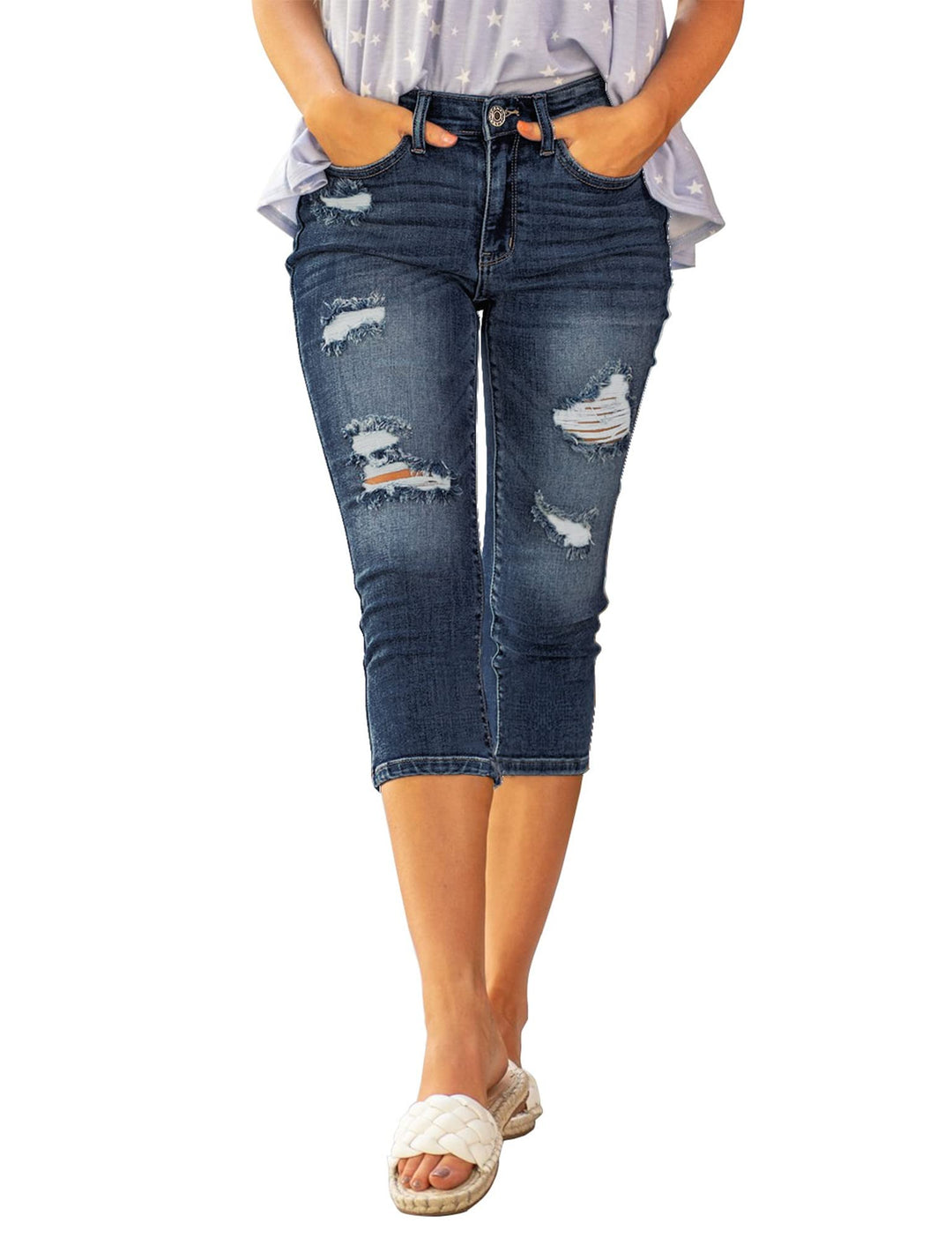 Roskiky Damen Capri Jeans für Frauen hohe Taille Skinny Ripped Jean Denim Hosen M Dunkelblau, M Dunk
