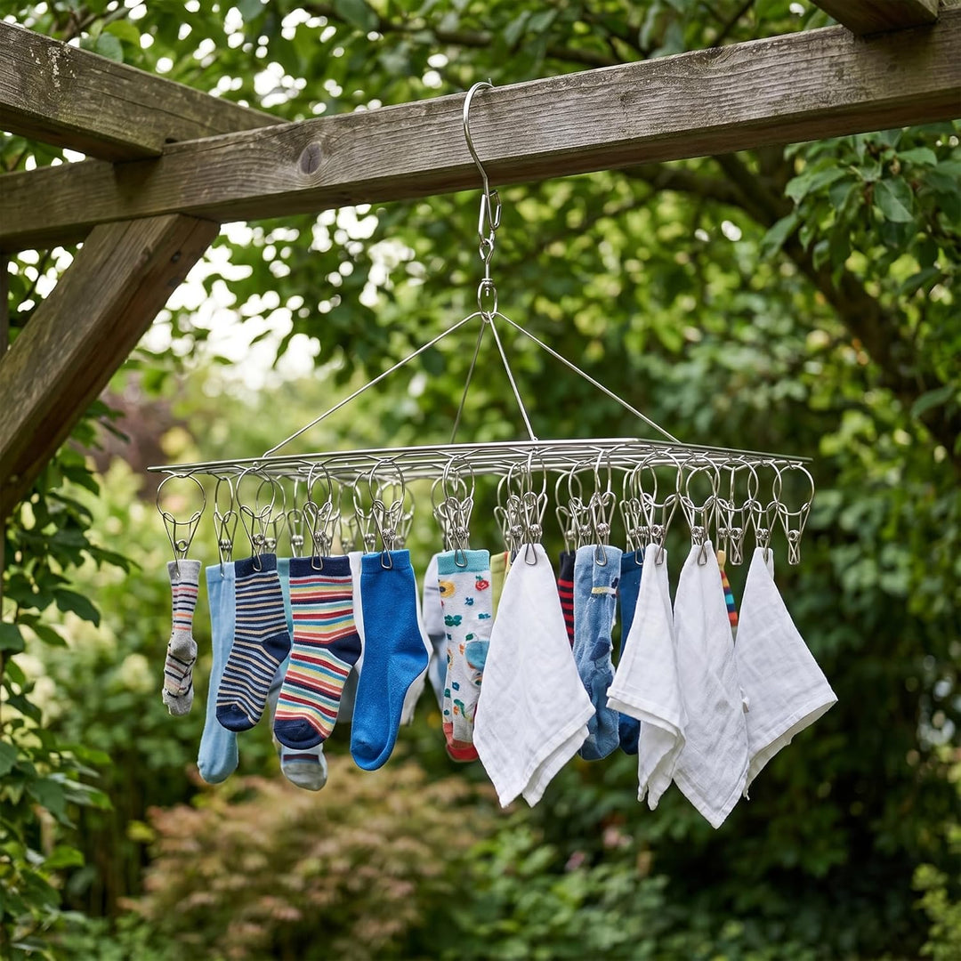 3 Stück Edelstahl Sockentrockner, Rechteckig Sockenhalter Wäscheständer mit 40 Wäscheklammern, Windd