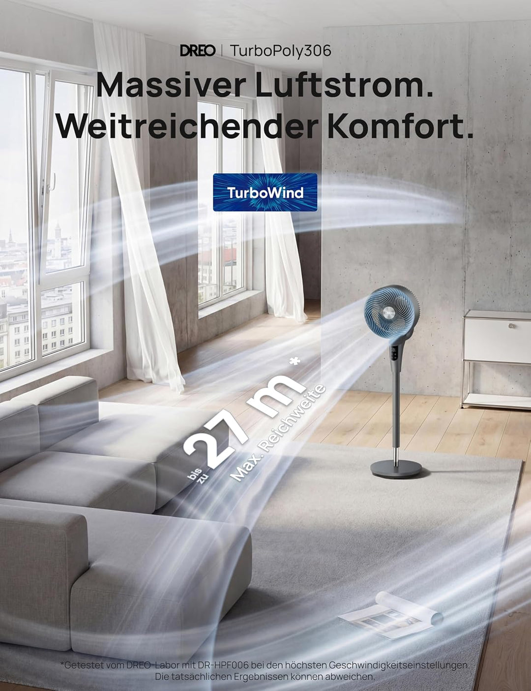 Dreo Leiser Standventilator, 1444m³/h Luftvolumen oszillierende Ventilator, 3 Stufen 6H Timer Turmve