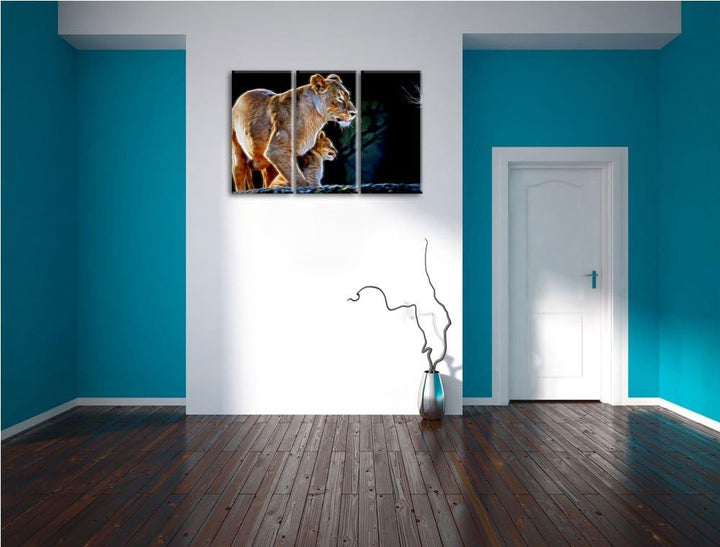 Dark Löwenmutter mit Jungtier Spezial 3-Teiler Leinwandbild 120x80 Bild auf Leinwand, XXL riesige Bi