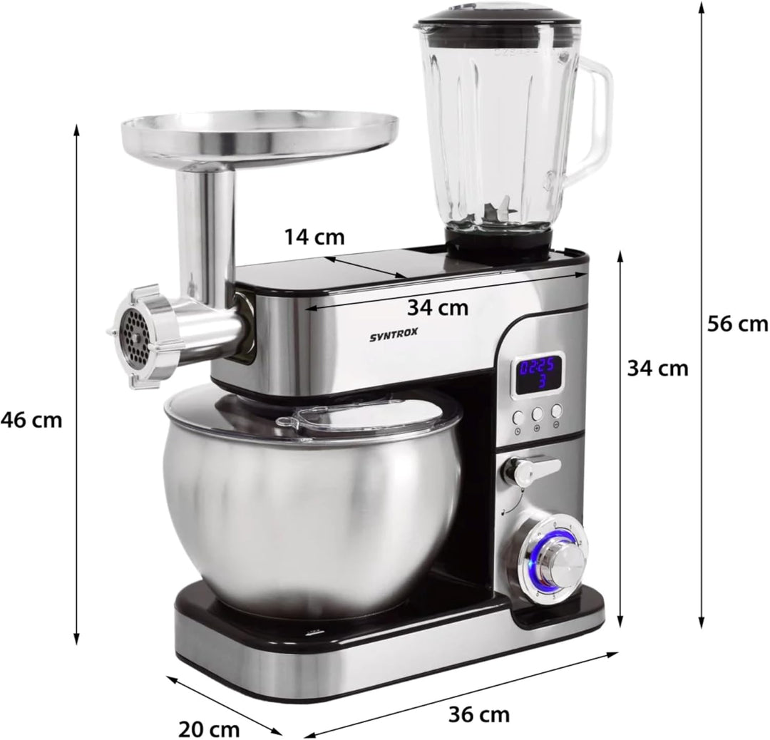 Syntrox Küchenmaschine Schwarz, Edelstahl 7 Liter Küchengerät & Fleischwolf, Zubehör für Teig und Cr