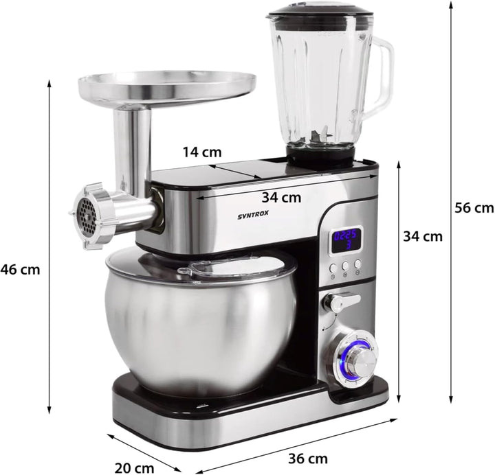 Syntrox Küchenmaschine Schwarz, Edelstahl 7 Liter Küchengerät & Fleischwolf, Zubehör für Teig und Cr