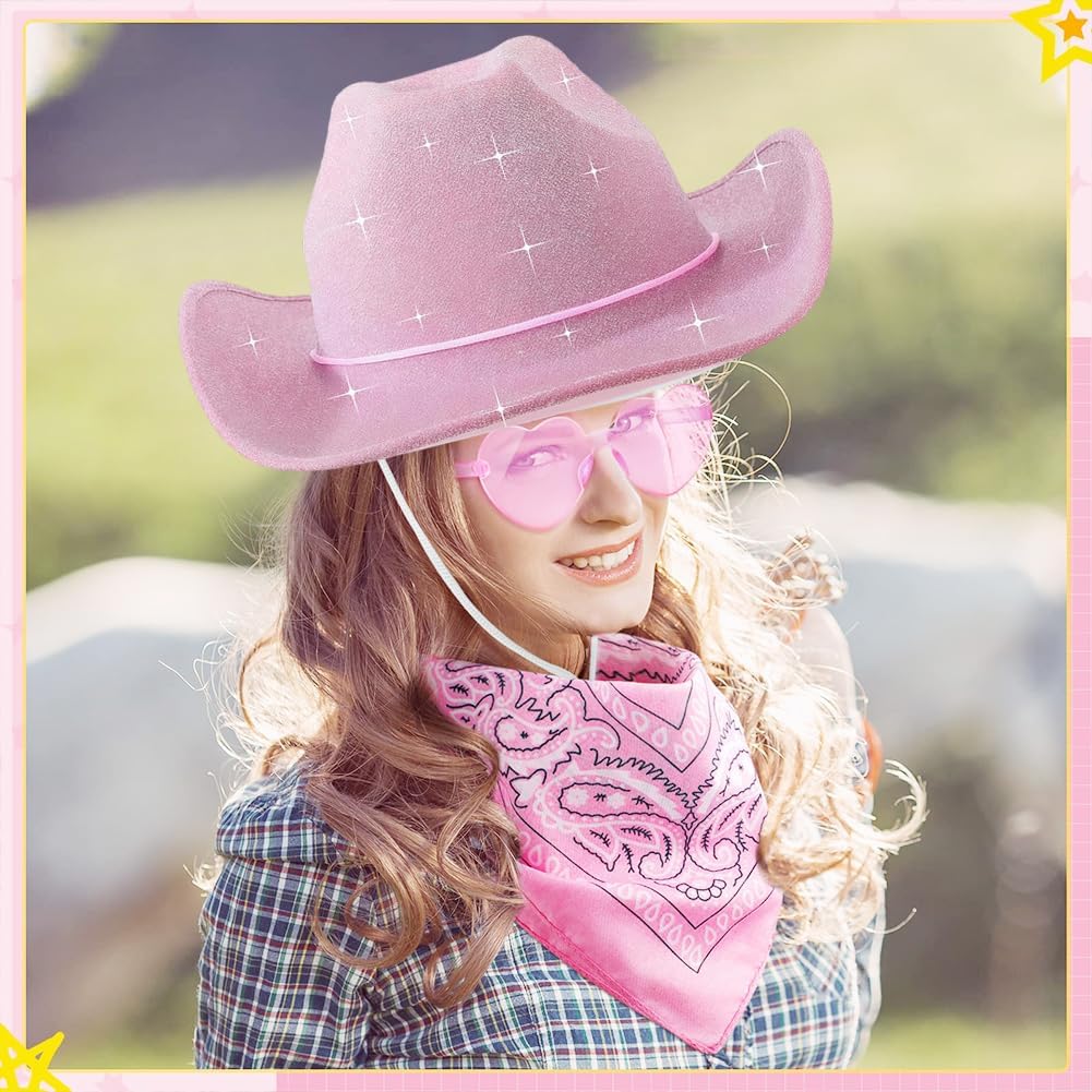 Cowboy Hut Damen Set, 3pcs Rosa Cowdruck Cowboy Hut, Pinker Cowboy Damen Verstellbar, Geeignet für M