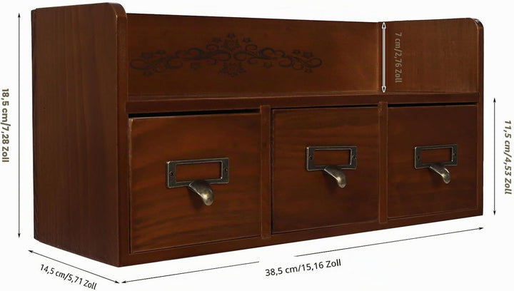 Schreibtisch Organizer Schubladenbox Holz Vintage 38.5*14.5*18.5cm Aufbewahrungsbox Mit 3 Schubladen