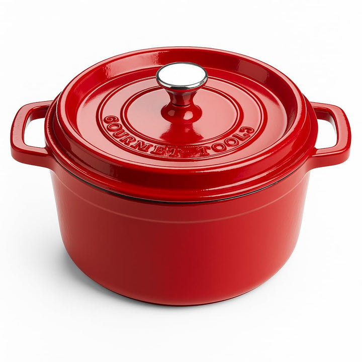 Runder Kochtopf aus Gusseisen mit glasierter Keramikbeschichtung, Cocotte mit Deckel. Gourmet Tools