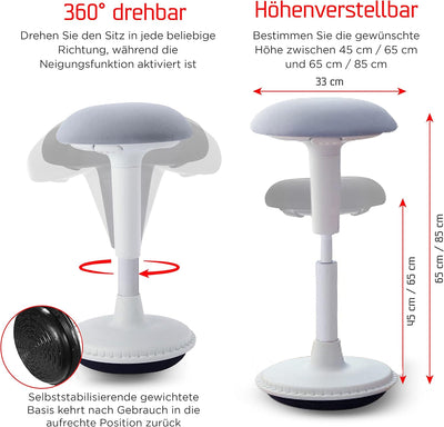 Dynaseat Ergonomischer Hocker höhenverstellbar zum Sitzen & Stehen (Weiss, 65-85 Variante) - Sitzho