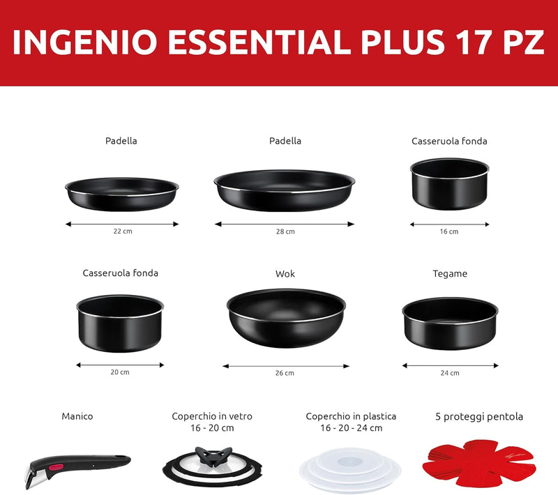 Lagostina Ingenio Essential Plus Akku für Töpfe, Aluminium für Gas und Backofen, 17 Stück, 2 Töpfe,