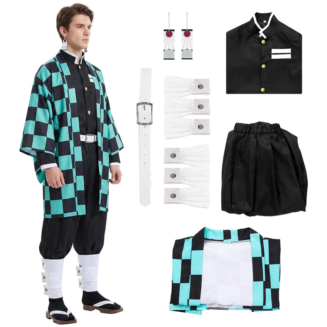 Alaiyaky Tanjirou Cosplay Kostüm mit Earrings, Demon Slayer Tanjirou Cosplay Kimono Halloween Jacke