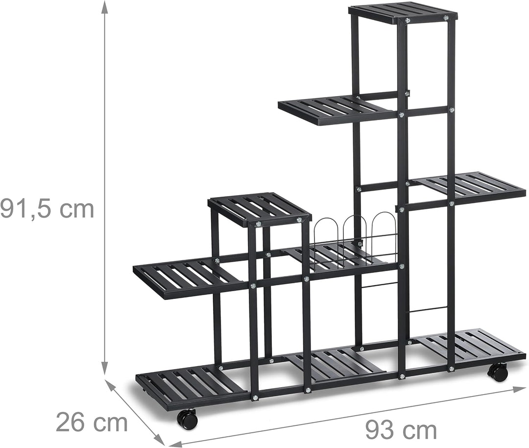 Relaxdays Blumenständer mit Rollen, H x B x T: 91,5 x 93 x 26 cm, Metall, 9 Ablagen, Pflanzenständer