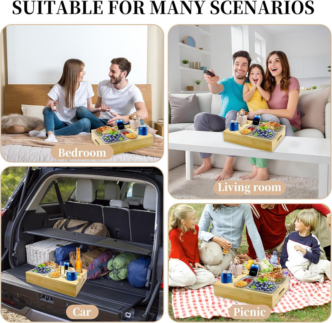 Couchbar Snackbox mit Geschenkbox, Holz Couch Bar, Couch Tablett Mit Snackschalen Aus Edelstahl, Get