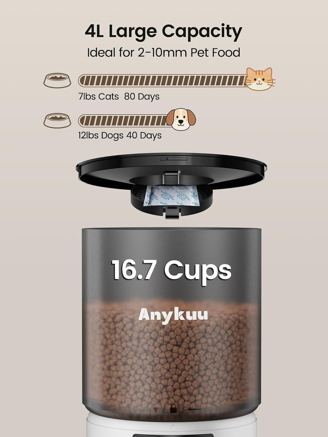 Anykuu Futterautomat Katze &amp; Hund 4L Pet Feeder Cat mit Timer &amp; Portionskontrolle 1-6 Mahlzeiten pro