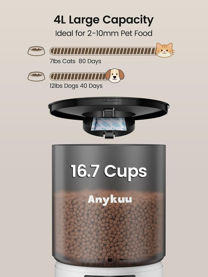 Anykuu Futterautomat Katze &amp; Hund 4L Pet Feeder Cat mit Timer &amp; Portionskontrolle 1-6 Mahlzeiten pro