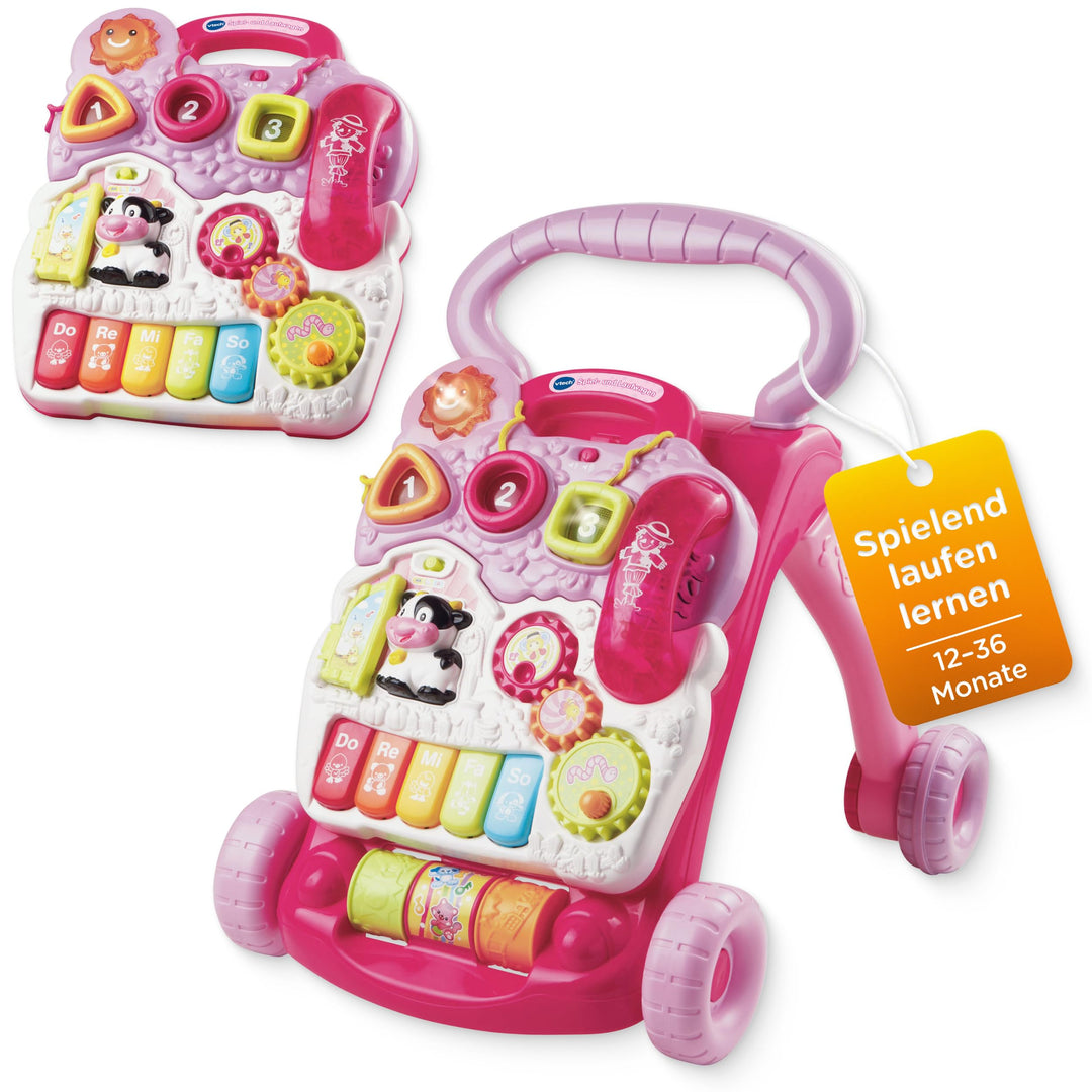VTech Baby Spiel- und Laufwagen pink – Lauflernwagen mit regulierbarer Geschwindigkeit, Musik und ab