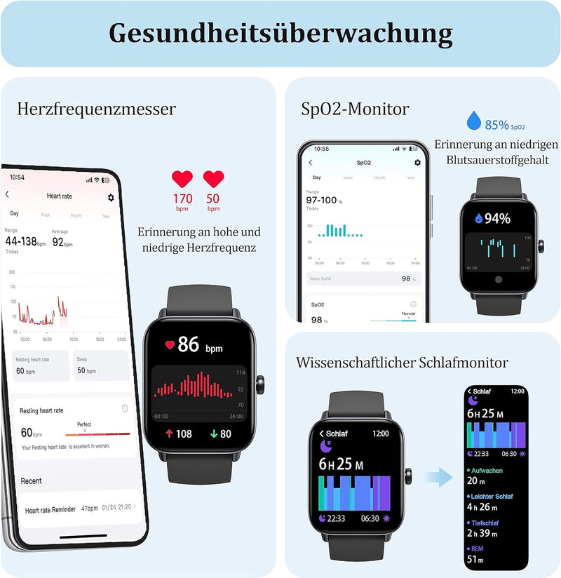 KALINCO Smartwatch für Damen Herren, Fitnessuhr 1.8 Zoll mit Telefonfunktion, Fitness Tracker Alexa