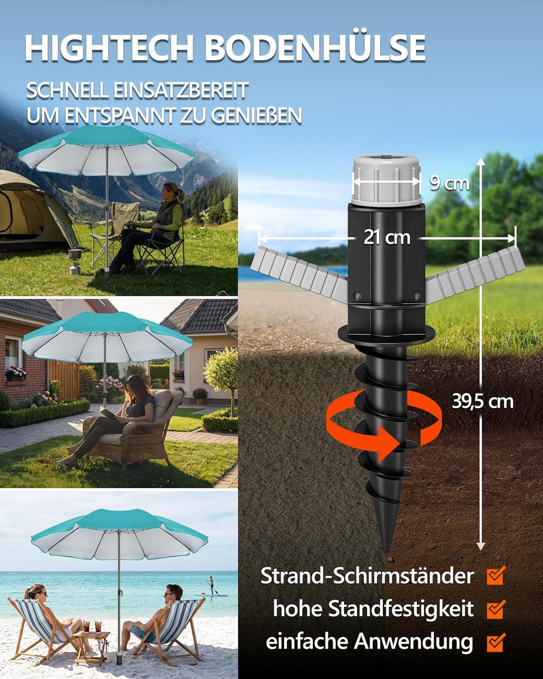 4smile Sonnenschirm Strand SunnyJoy Ø 200 cm, 3er Set - Strandschirm mit UV Schutz 50+, inkl. Sonnen