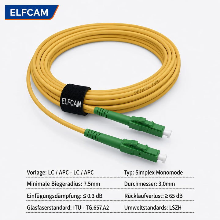Elfcam® - 100m Glasfaserkabel LC/APC auf LC/APC Simplex Singlemode 9/125µm LSZH, FTTH LWL Patchkabel