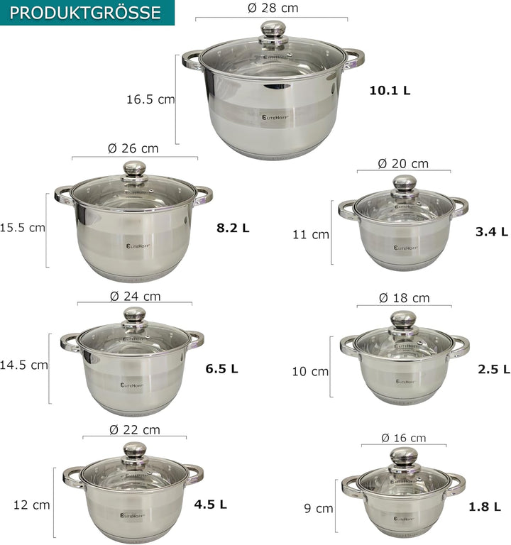 EliteHoff Kochtopf, 7-Lagen Edelstahl Topf Induktion Kochtöpfe Nudeltopf Suppentopf mit Glasdeckel f