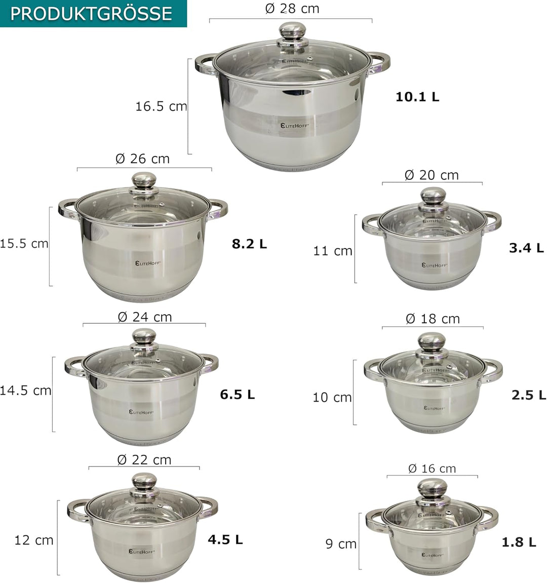 EliteHoff Kochtopf, 7-Lagen Edelstahl Topf Induktion Kochtöpfe Nudeltopf Suppentopf mit Glasdeckel f