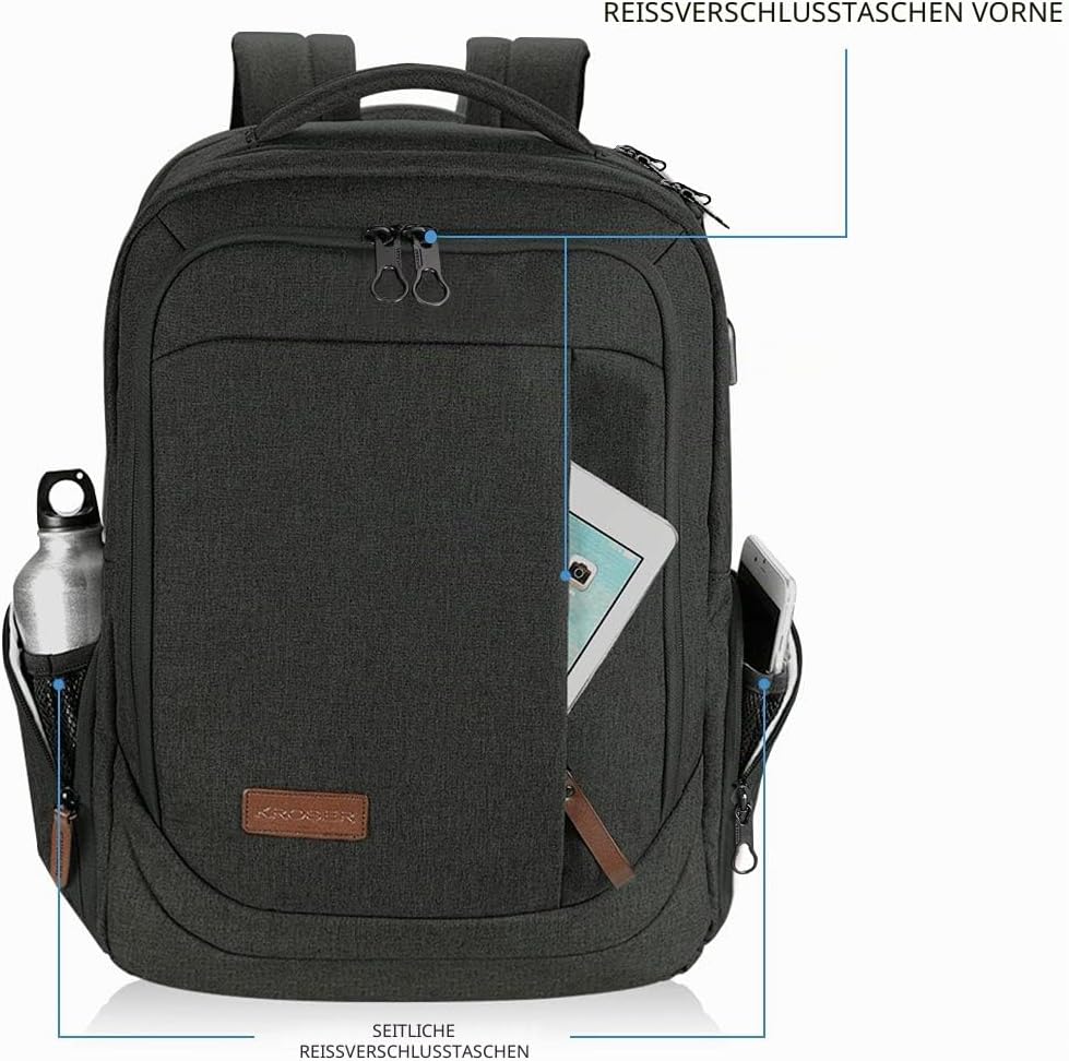 KROSER Laptop Rucksack 17,3 Zoll Reiserucksack Handgepäck Tagesrucksack Wasserabweisende Multifunkti