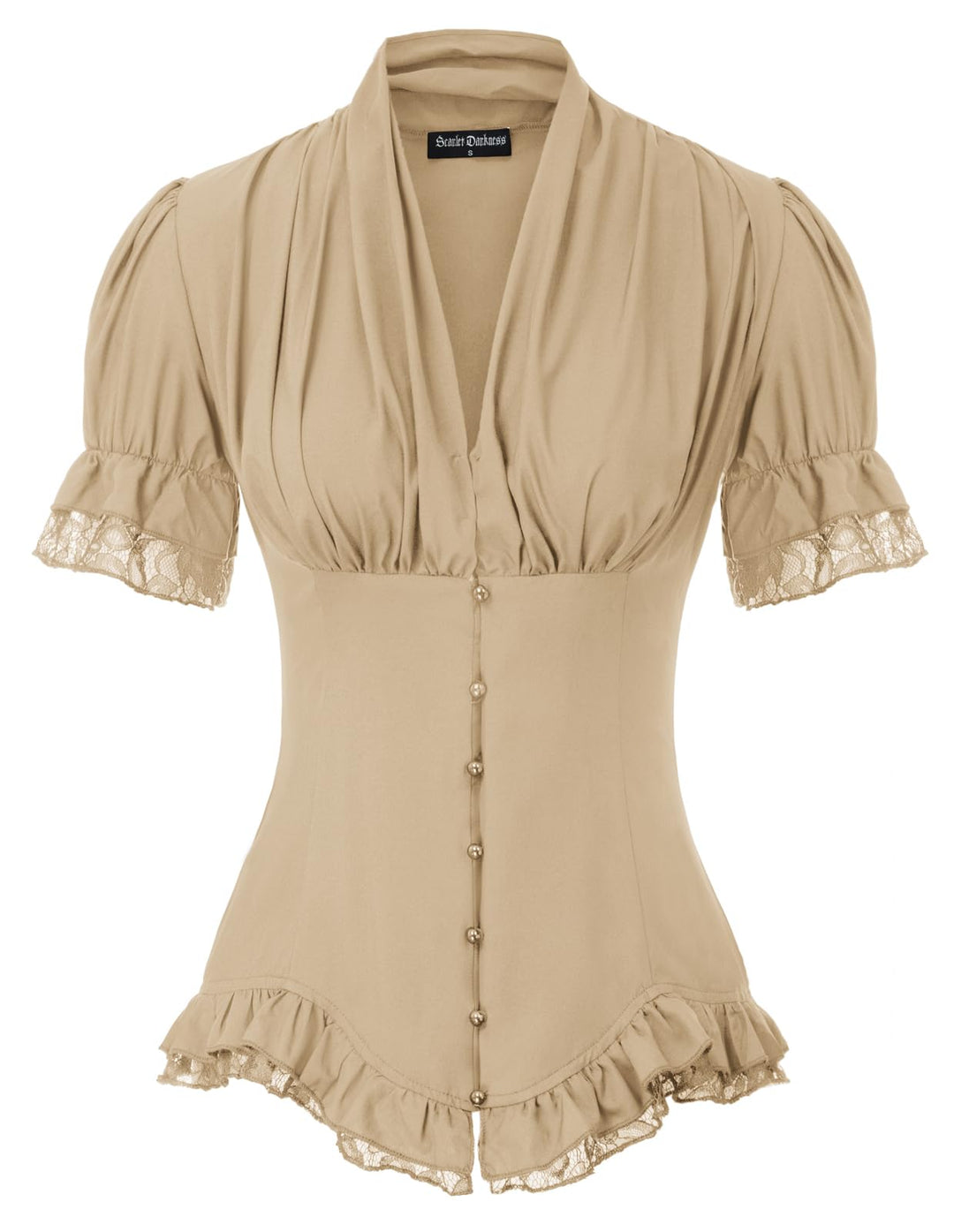 SCARLET DARKNESS Damen Rüschenbluse Mittelalter Spitzen Shirt Gothic Bluse für Party Oberteil Khaki