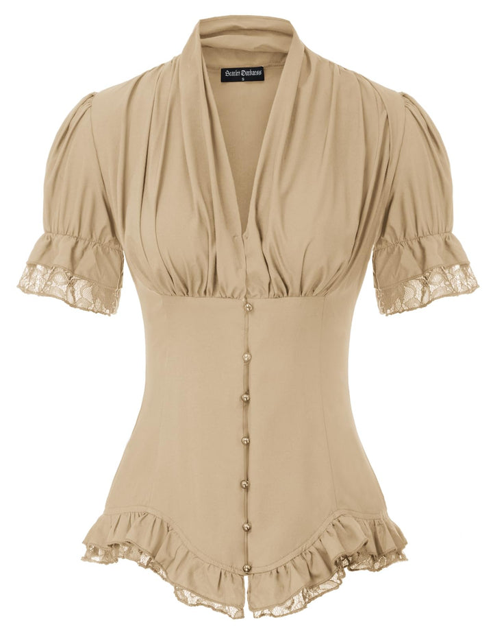 SCARLET DARKNESS Damen Rüschenbluse Mittelalter Spitzen Shirt Gothic Bluse für Party Oberteil Khaki