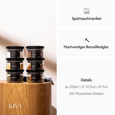 KIVY Kleine Vorratsgläser mit transparenten Glasdeckel [6x 350ml] Luftdichte Gewürzgläser stapelbar