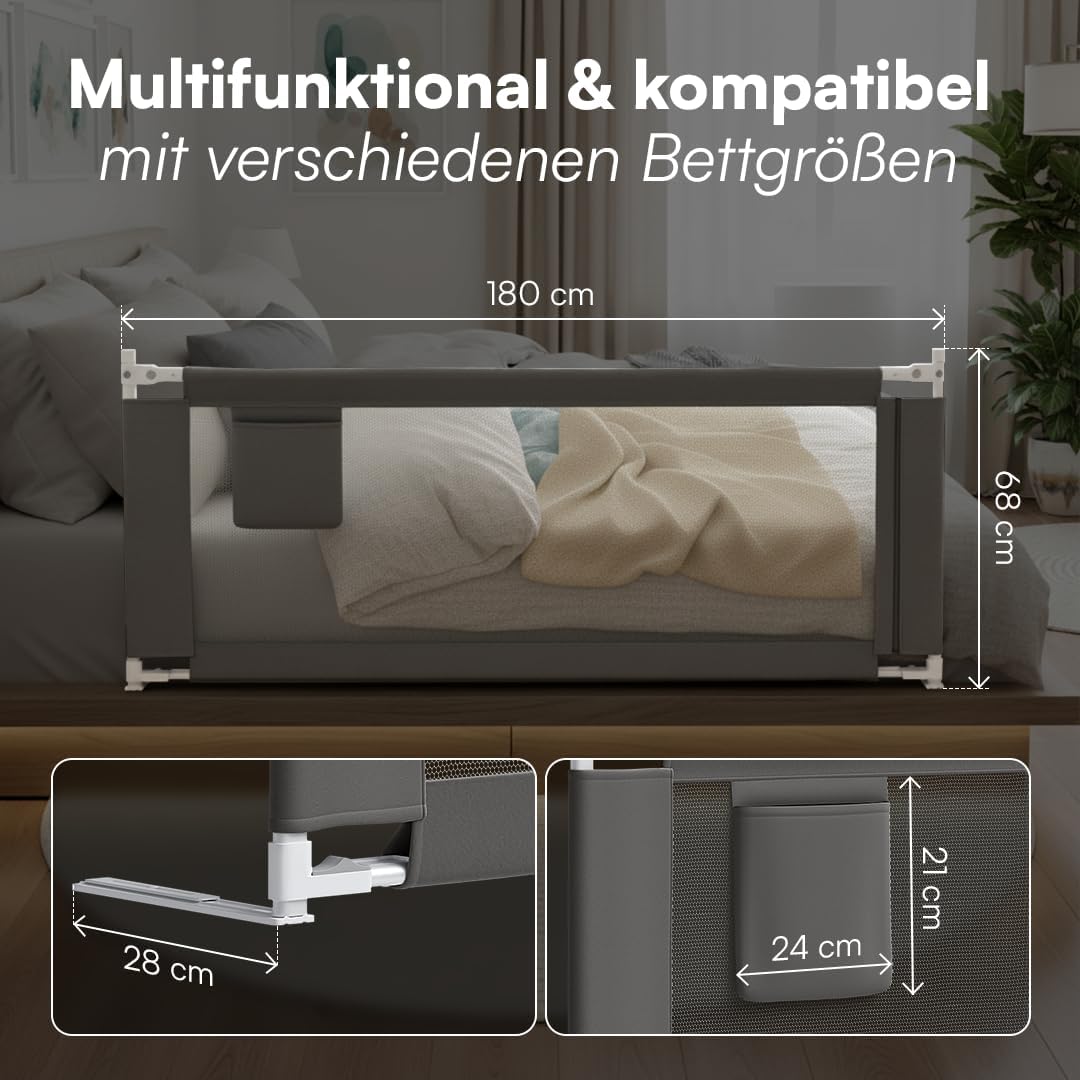 Bellabino Drina Rausfallschutz – Bettschutzgitter 180 cm Dunkelgrau – Bettgitter höhenverstellbar 69