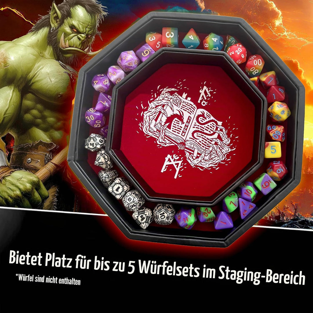 Fantasydice RED Fire Dragon with Wizard Book Print Dice Tray 8" Octagon with Lid and Dice Staging Ar