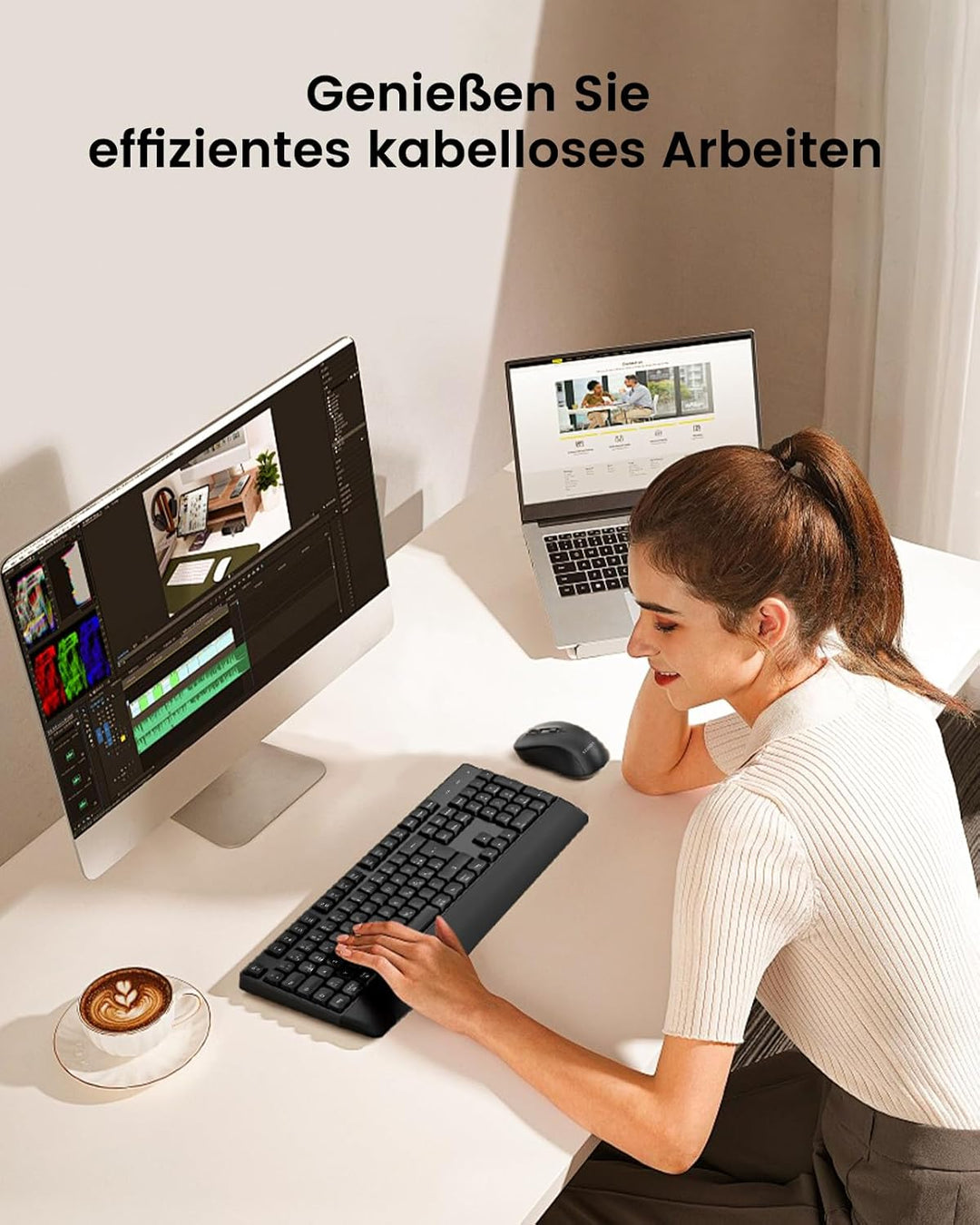 Bluetooth Tastatur mit Maus, Tastatur Maus Set Kabellos Ergonomisch, 2,4 G USB/Bluetooth Multi-Gerät