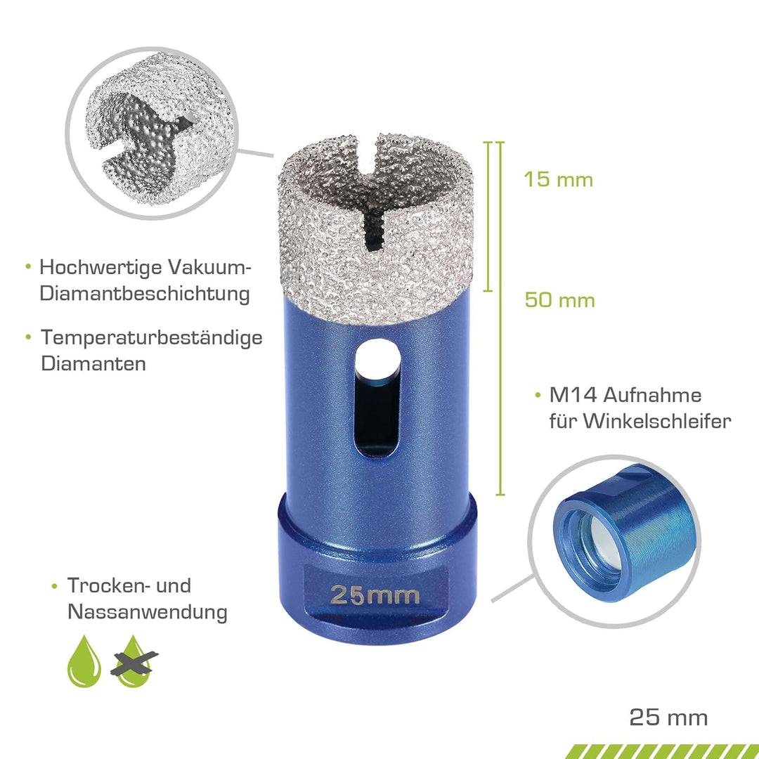 Profi Fliesenbohrer 25mm x M14 - Diamantbohrer für harte Fliesen, Feinsteinzeug uvm. Diamantbohrkron