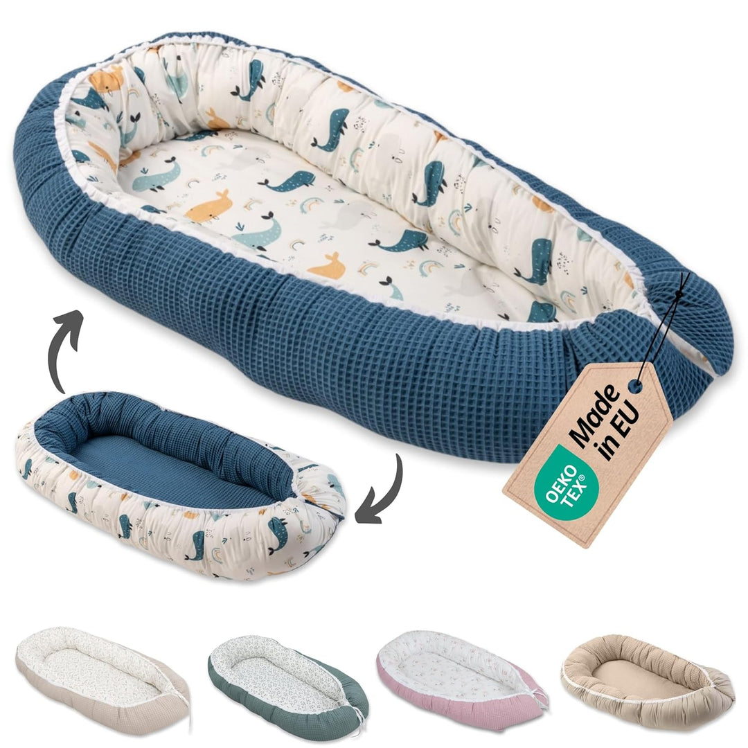 ULLENBOOM ® Babynest & Kuschelnest (55x95 cm) Blau-Wale (Made in EU) - Baby Nestchen aus Baumwolle,