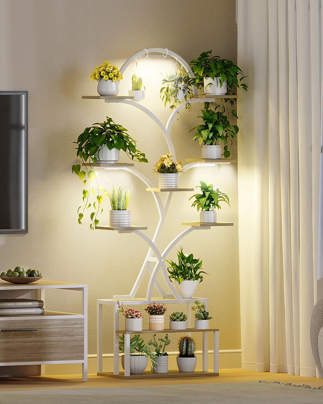 Hzuaneri Pflanzenständer mit Wachstumslicht, Metall-Holz-Pflanzenregal mit 10 Etagen und 3 LEDs, Gee