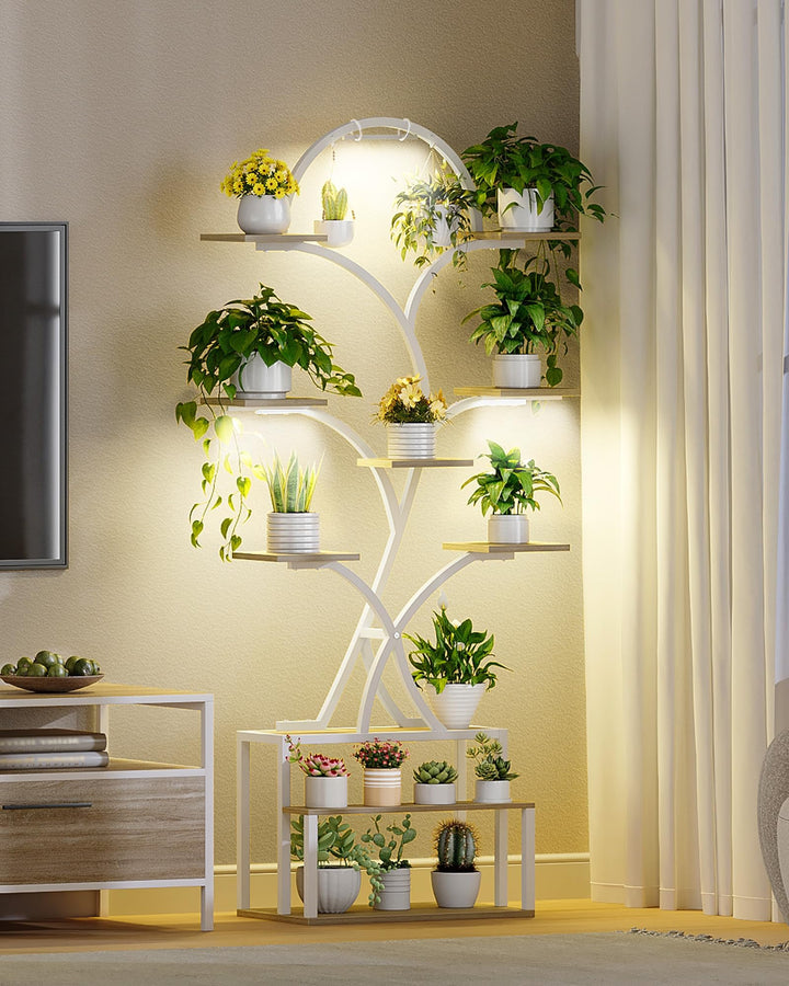 Hzuaneri Pflanzenständer mit Wachstumslicht, Metall-Holz-Pflanzenregal mit 10 Etagen und 3 LEDs, Gee