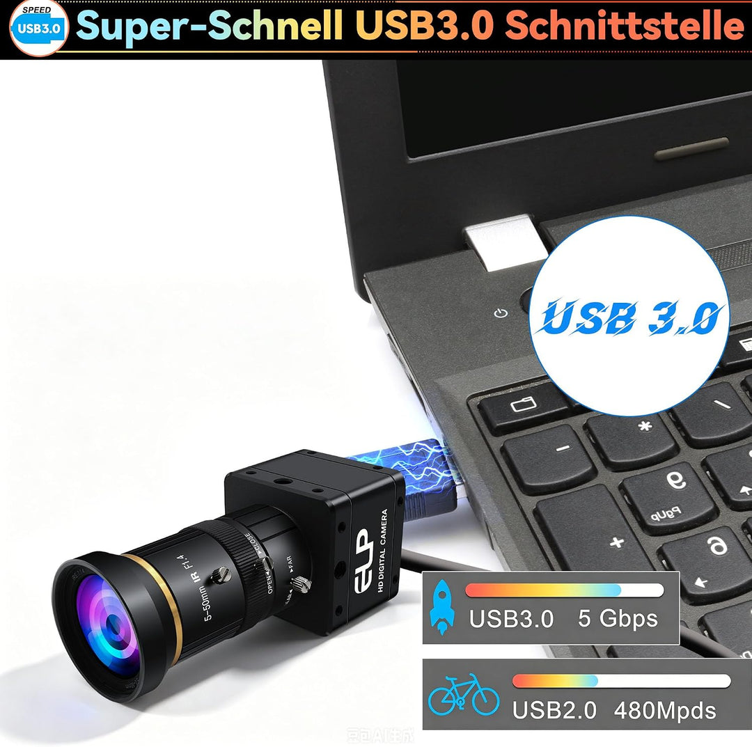 G ELP High Speed Global Shutter USB3.0 Zoom Kamera, 720P/200fps, 1200P/120fps, 5-50mm 10X Zoom Webca
