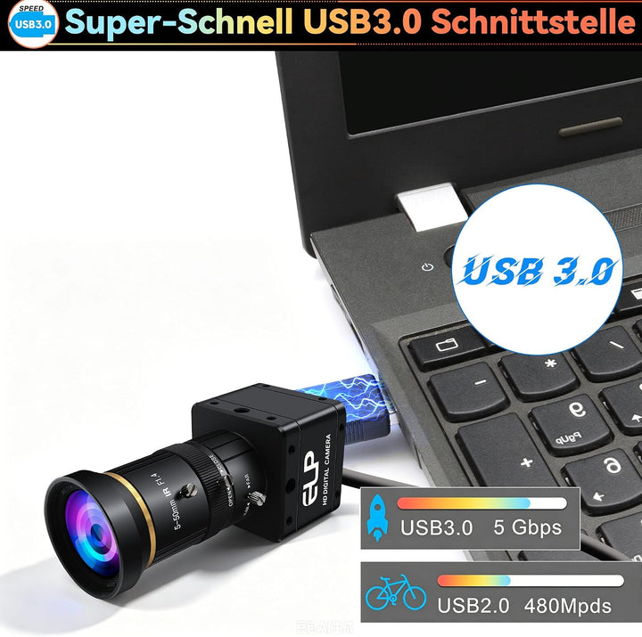 G ELP High Speed Global Shutter USB3.0 Zoom Kamera, 720P/200fps, 1200P/120fps, 5-50mm 10X Zoom Webca