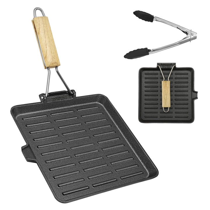 AWAOVV Steakpfanne Gusseisen,23x23cm Grillpfanne mit Klappbarem Holzgriff und Lebensmittelclips,Klap