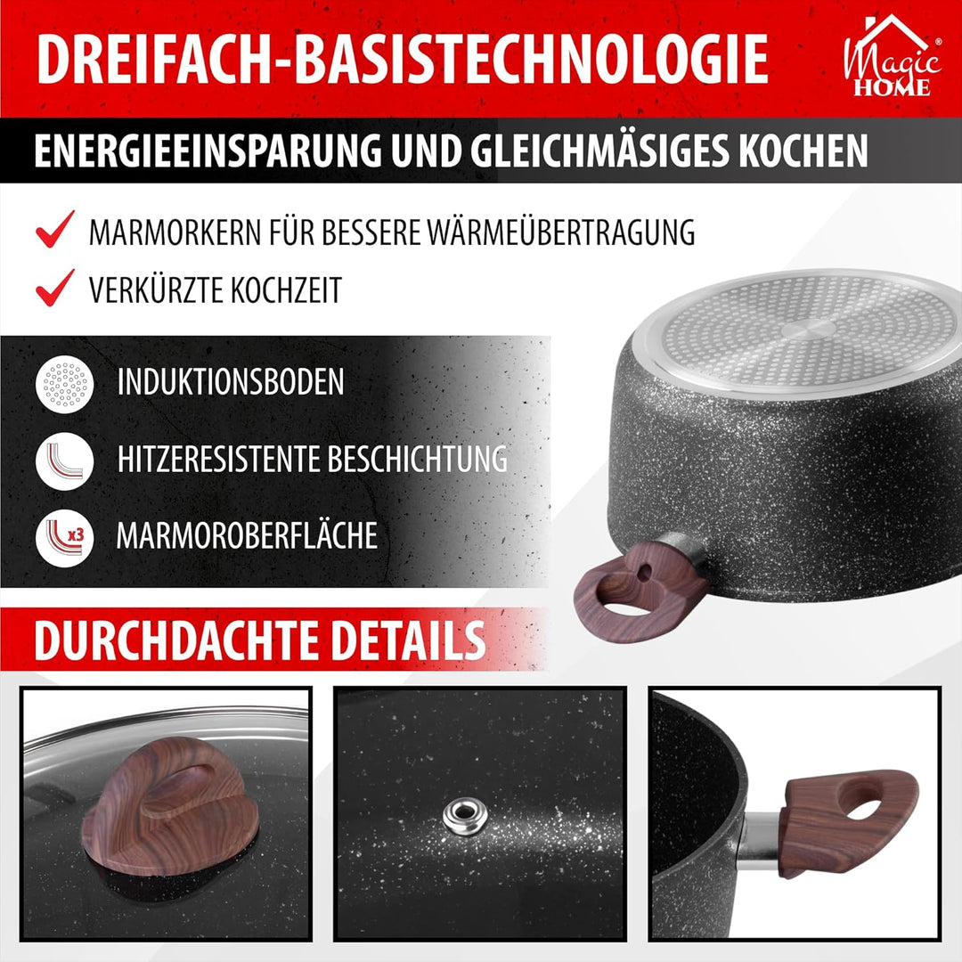 MAGIC HOME Aluguss Topf 28 cm INDUKTION | Marmor Antihaft | Grosser Beschichteter Kochtopf mit Glasd