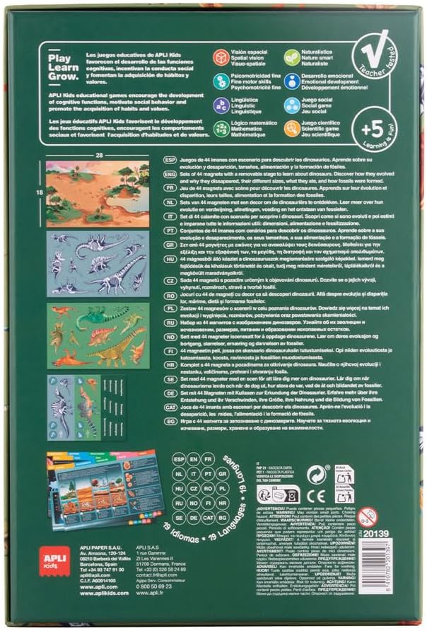 APLI Kids 20139 Magnetisches Lernspiel, Dinosaurier, Tafel mit 44 Magnetteilen und Erläuterungskarte