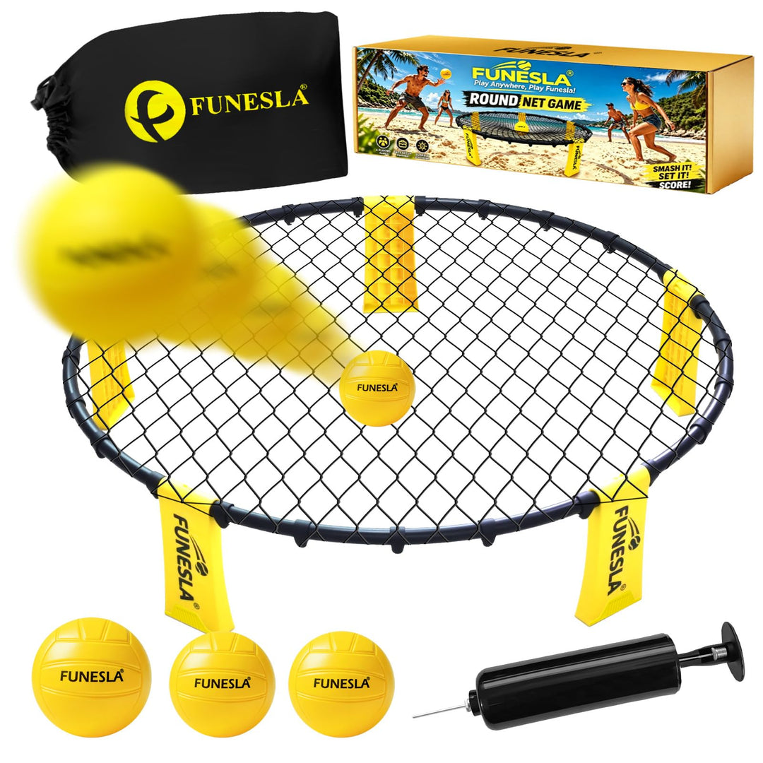 Roundnet Set mit Tasche für Strand & Garten, Outdoorspiel mit direkter Steckmontage, inkl. 3 Bälle (