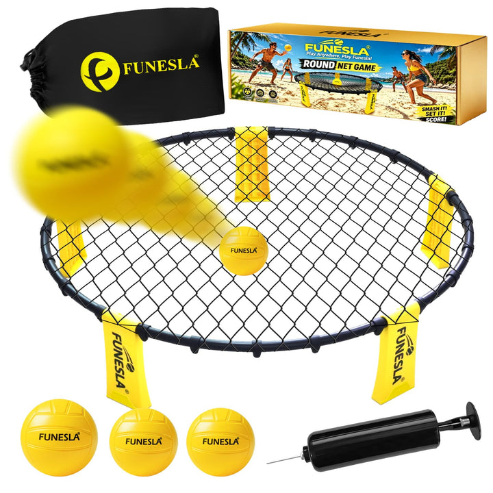 Roundnet Set mit Tasche für Strand & Garten, Outdoorspiel mit direkter Steckmontage, inkl. 3 Bälle (