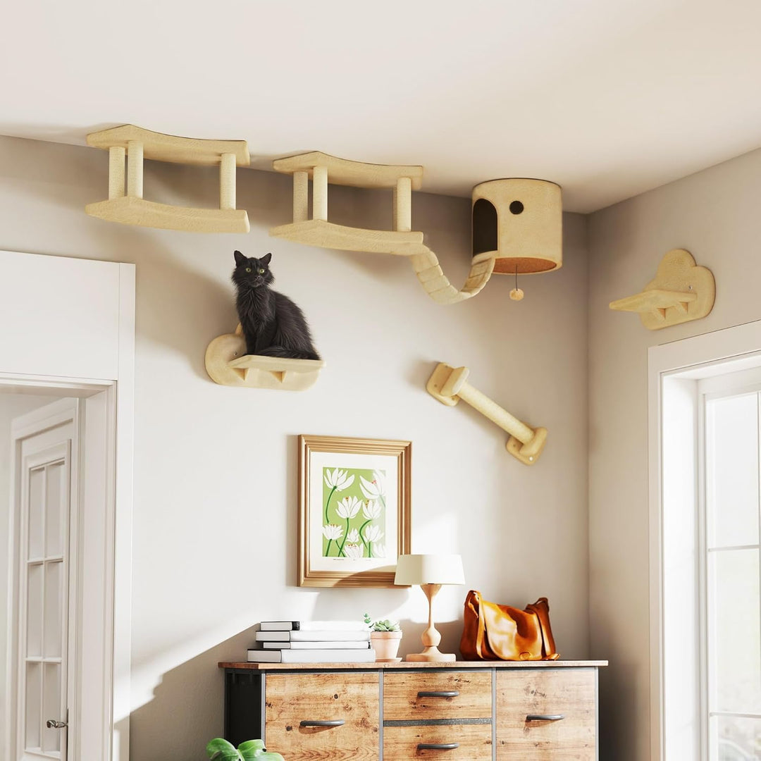PawHut Kletterwand Katzen, 5-teilig Katzenkletterwand Katzen Wandelemente mit Kratzstamm, Katzenhaus