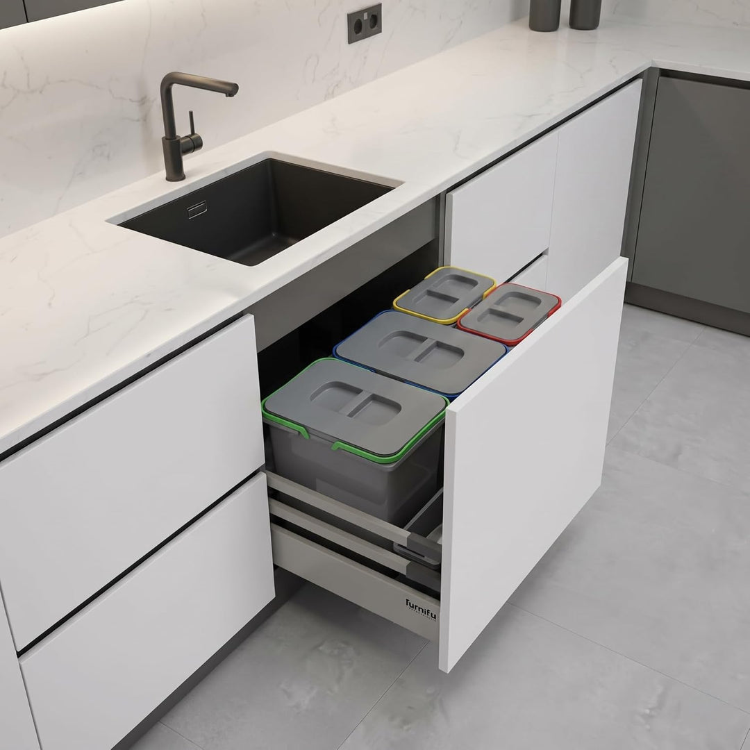 Mülltrennsystem Küche für 90 cm Schrank 4-fach 80,3x49x40 cm (2x 20L + 2x 9L) mit Deckel Einbau Abfa