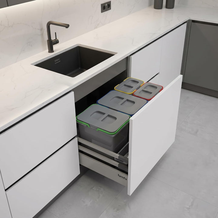 Mülltrennsystem Küche für 90 cm Schrank 4-fach 80,3x49x40 cm (2x 20L + 2x 9L) mit Deckel Einbau Abfa