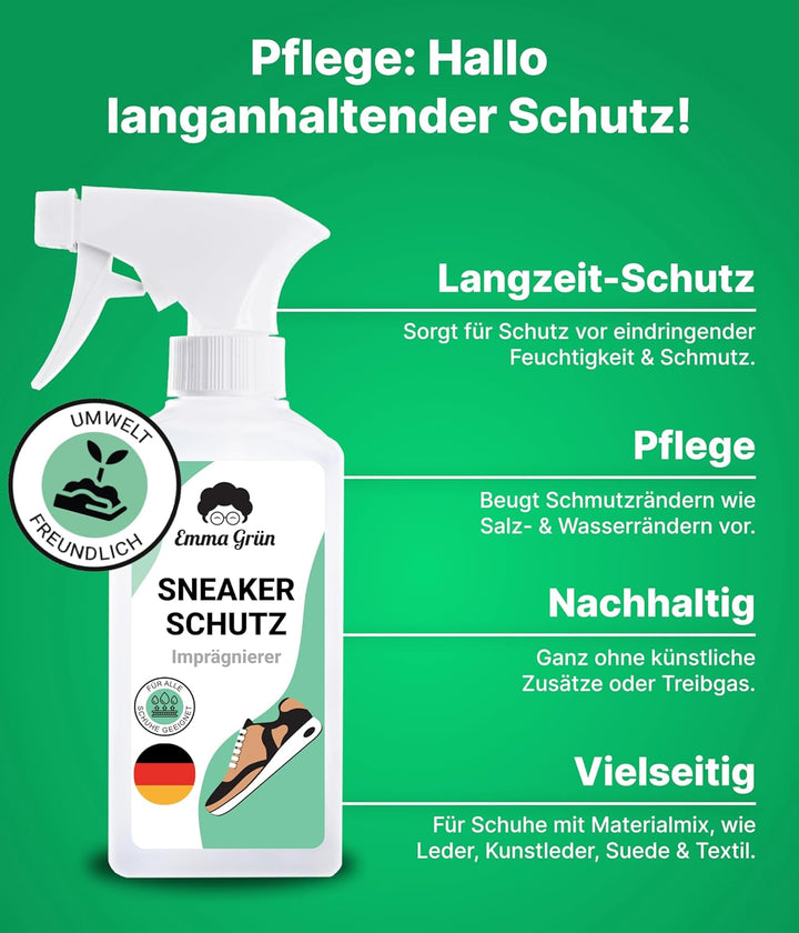 Emma Grün® Sneaker Cleaner Reinigungsset 250ml [Bürste + Imprägnierspray] - Nachhaltiges Komplettset