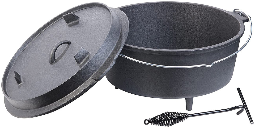 Rosenstein & Söhne Feuertopf: Dutch Oven aus Gusseisen mit Standfüssen, 2in1-Deckel & -Pfanne, 12 l